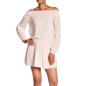 Ramy Brook Dress Dara Off Shoulder Long Sleeve Pastel Pink Smocked Mini Large L